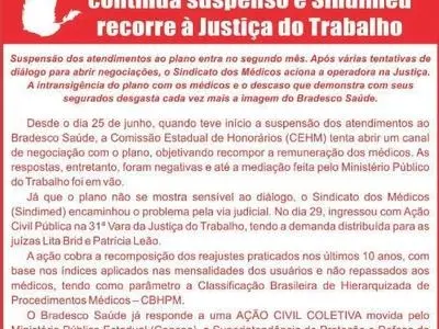 Atendimento ao Bradesco Saúde segue suspenso, e Sindimed recorre a justiça