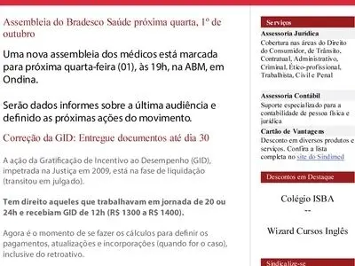 Assembleia Bradesco Saúde, quarta-feira, 1º de Outubro / Correção da GID