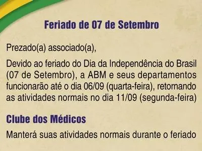 Cronograma de funcionamento da ABM nos feriados de 07 de Setembro