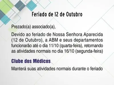 Funcionamento da ABM durante o Feriado de Nossa Sra. Aparecida (12/10)