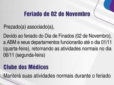 Funcionamento da ABM durante o Feriado do dia de Finados (02/11)